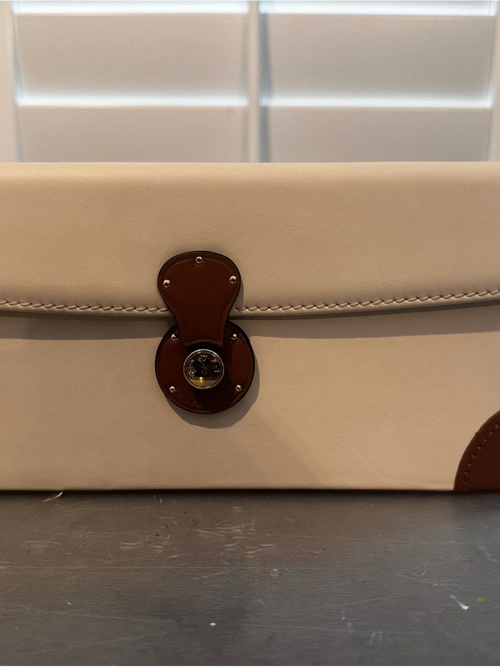 Ralph Lauren Ryan Box Cream and Brown Jewelry Storage Box with Leather Accents